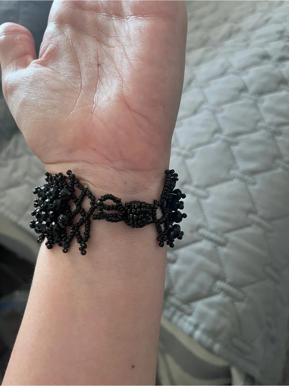 Vintage Gothic Jet Black Crystal Bead Woven Lace Cuff Bracelet